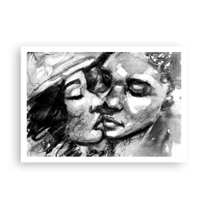 Affiche - Poster - Une aquarelle en noir et blanc représentant un moment intime entre deux personnes. - 100x70cm - Un moment tendre - Décoration murale moderne pour le salon et la chambre ARTTOR