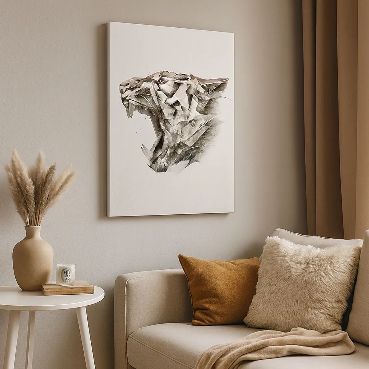 Impression sur toile - Image sur toile - Image abstraite d'un tigre dans des tons beiges - 50x70cm - Vous savez déjà qui est en charge - Décoration murale moderne pour le salon et la chambre ARTTOR
