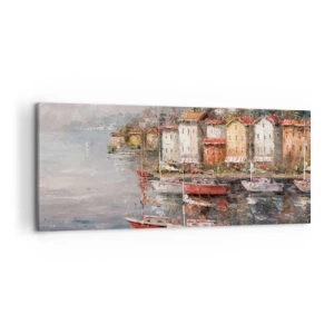 Impression sur toile - Image sur toile - Paysage de bord de mer avec des bateaux et des maisons colorées - 120x50cm - Havre romantique - Décoration murale moderne pour le salon et la chambre ARTTOR
