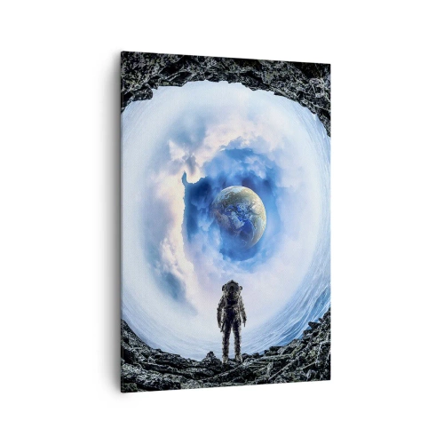 Impression sur toile - Image sur toile - Astronaute devant un paysage spatial avec la Terre en arrière-plan - 70x100cm - Plus très loin de la maison - Décoration murale moderne pour le salon et la chambre ARTTOR