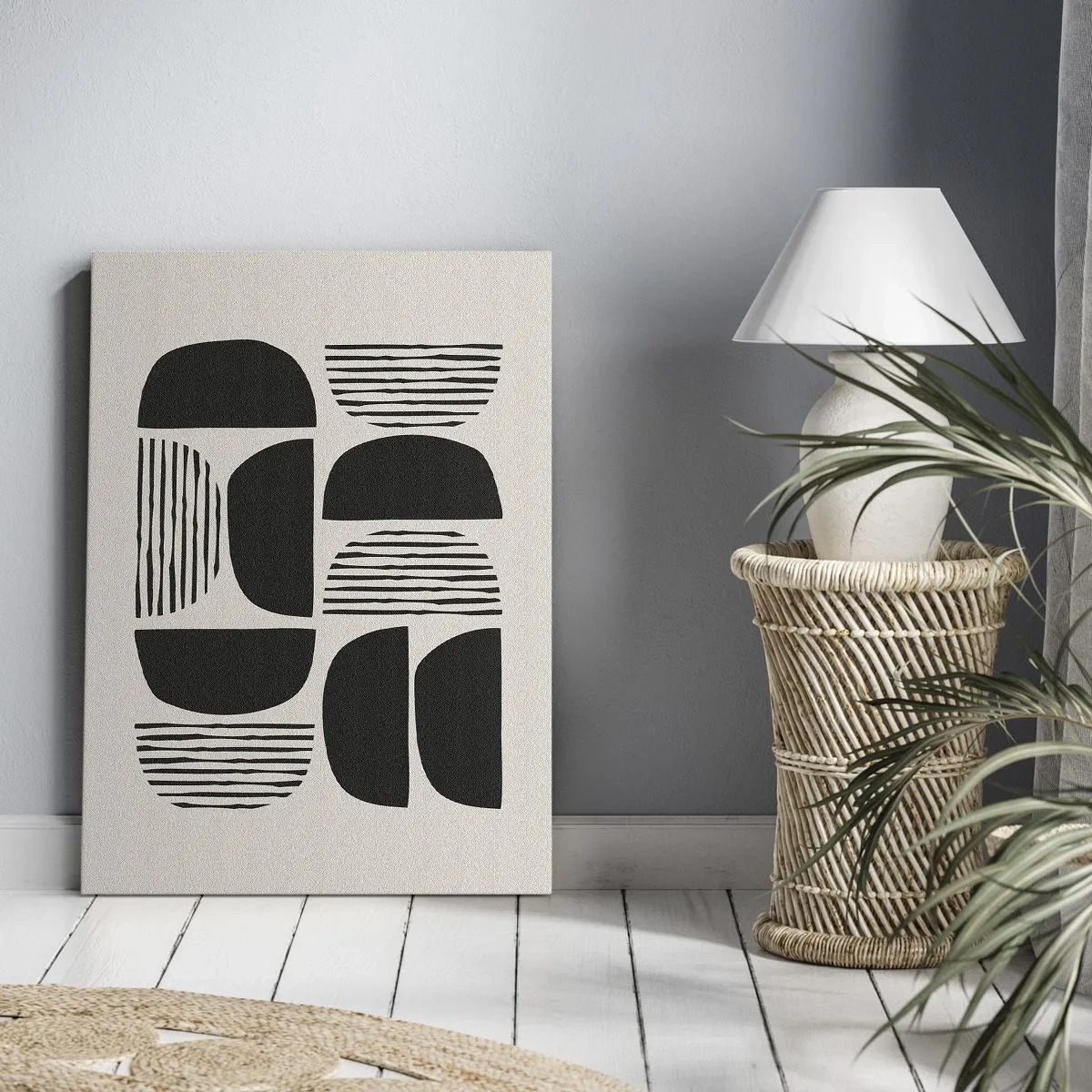 Impression sur toile - Image sur toile - Géométrie avec demi-cercles et lignes en noir sur fond clair - 70x100cm - Offres sans enthousiasme - Décoration murale moderne pour le salon et la chambre ARTTOR