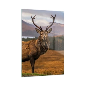 Impression sur verre - Image sur verre - Cerf sur fond de montagnes et de forêts pittoresques - 50x70cm - Majesté de la nature - Décoration murale moderne pour le salon et la chambre ARTTOR