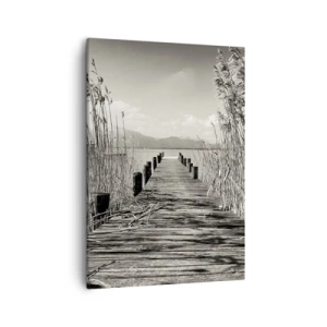 Impression sur toile - Image sur toile - Une jetée en bois parmi les hautes herbes au-dessus d'un lac aux tons sépia - 50x70cm - Dans le calme de l'herbe - Décoration murale moderne pour le salon et la chambre ARTTOR
