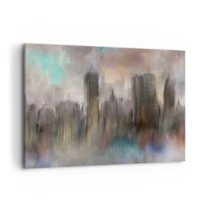 Impression sur toile - Image sur toile - Une vision artistique d'un paysage urbain avec des gratte-ciels aux couleurs pastel. - 100x70cm - Une composition d'acier, de pierre et de brouillard - Décoration murale moderne pour le salon et la chambre ARTTOR