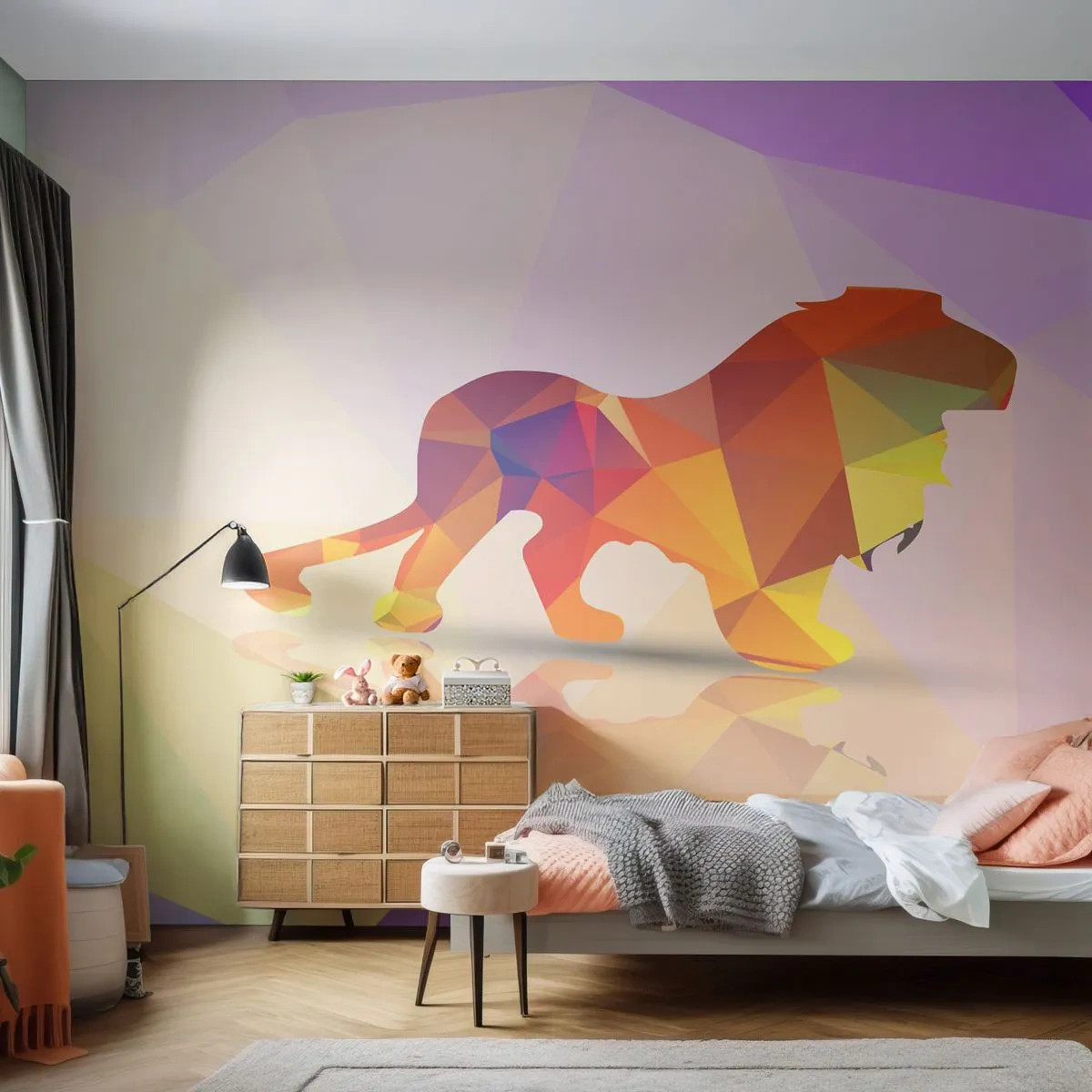 Papier Peint Photo Premium Sand - Silhouette géométrique d'un lion dans une composition multicolore - 100x70cm - Le roi du diamant - Décoration murale moderne pour le salon et la chambre ARTTOR