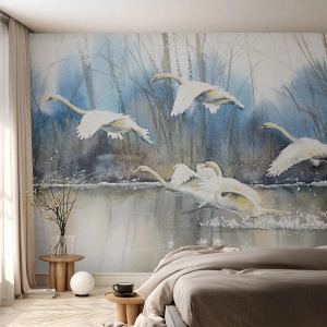Papier Peint Photo Premium Canvas - Cygnes en vol au-dessus d'un lac gelé dans un paysage hivernal - 100x70cm - Comme dans un conte de fées sur les cygnes sauvages - Décoration murale moderne pour le salon et la chambre ARTTOR