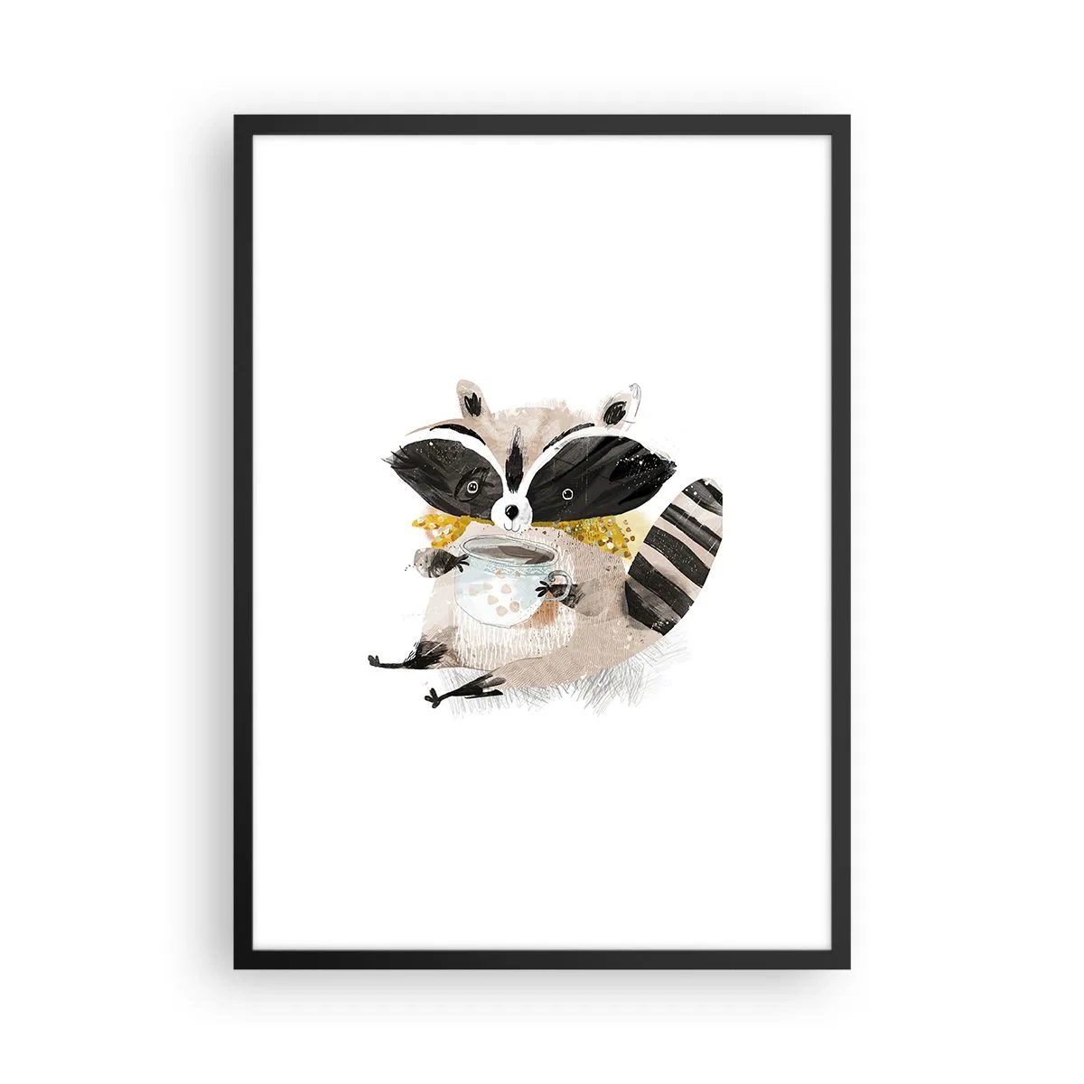Affiche dans un cadre noir - Poster - Un dessin d'un raton laveur portant une écharpe et tenant une tasse de thé. - 50x70cm - Mon ami le raton laveur - Décoration murale moderne pour le salon et la chambre ARTTOR