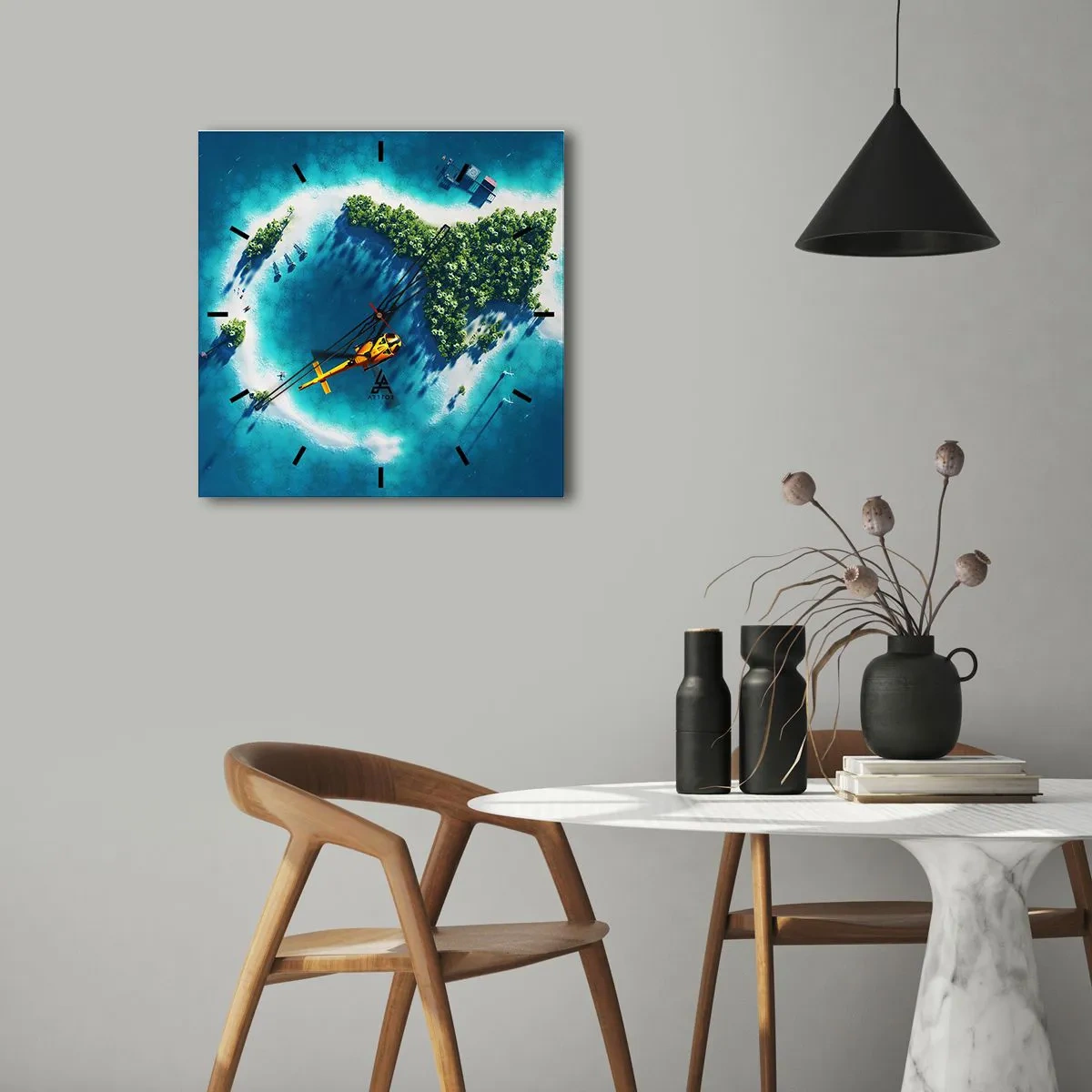 Horloge murale - Pendule murale - Une île tropicale entourée d'eau turquoise avec un hélicoptère en vue - 30x30cm - Achetez-vous une île - Décoration murale moderne pour le salon et la chambre ARTTOR