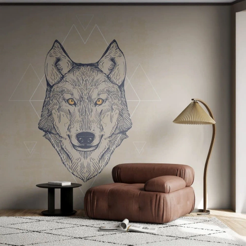 Papier Peint Photo Premium Sand - Illustration géométrique d'un loup sur fond beige - 100x70cm - Un alpha au regard pénétrant - Décoration murale moderne pour le salon et la chambre ARTTOR