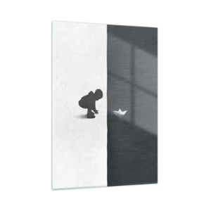 Impression sur verre - Image sur verre - Silhouette d'un enfant lançant un bateau en papier dans l'eau - 50x70cm - Grande expédition - Décoration murale moderne pour le salon et la chambre ARTTOR
