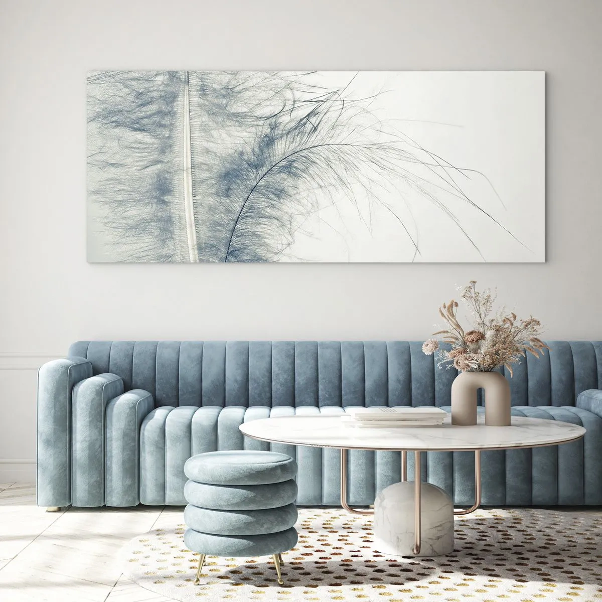 Impression sur verre - Image sur verre - Une plume délicate aux tons pastel sur fond clair - 140x50cm - Les sept natures - Décoration murale moderne pour le salon et la chambre ARTTOR