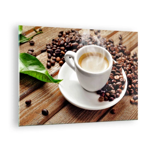 Impression sur verre - Image sur verre - Une tasse de café entourée de grains sur une table en bois - 70x50cm - Café sur un banc - Décoration murale moderne pour le salon et la chambre ARTTOR