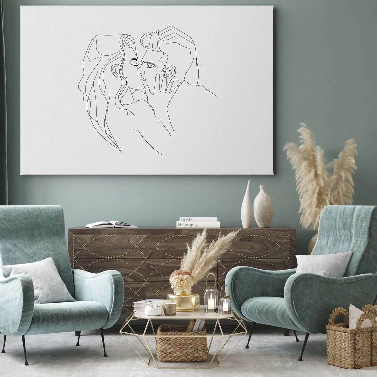 Impression sur toile - Image sur toile - Le contour d'un couple s'embrassant sur un fond clair - 70x50cm - La même ligne - Décoration murale moderne pour le salon et la chambre ARTTOR