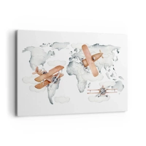 Impression sur toile - Image sur toile - Illustration d'une carte du monde avec des avions - 120x80cm - Dans un esprit pionnier - Décoration murale moderne pour le salon et la chambre ARTTOR
