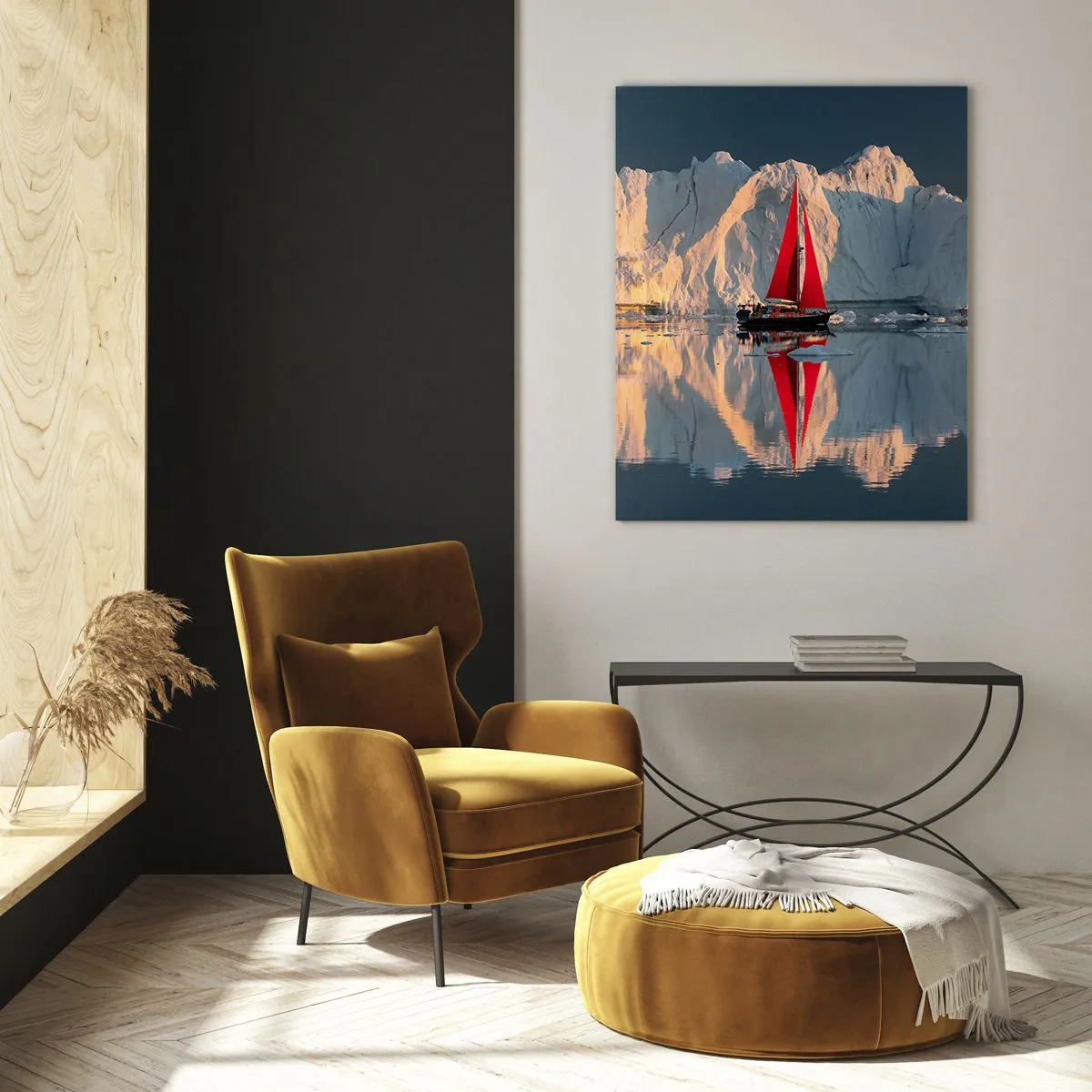 Impression sur verre - Image sur verre - Un voilier avec une voile rouge sur fond de glacier - 70x100cm - Aux limites du monde - Décoration murale moderne pour le salon et la chambre ARTTOR