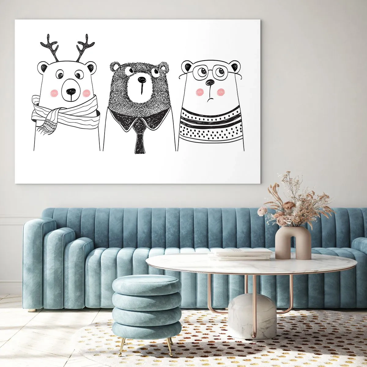 Impression sur verre - Image sur verre - Trois ours drôles dans une illustration en noir et blanc - 70x50cm - Ours en peluche, petit ours en peluche et doudou - Décoration murale moderne pour le salon et la chambre ARTTOR