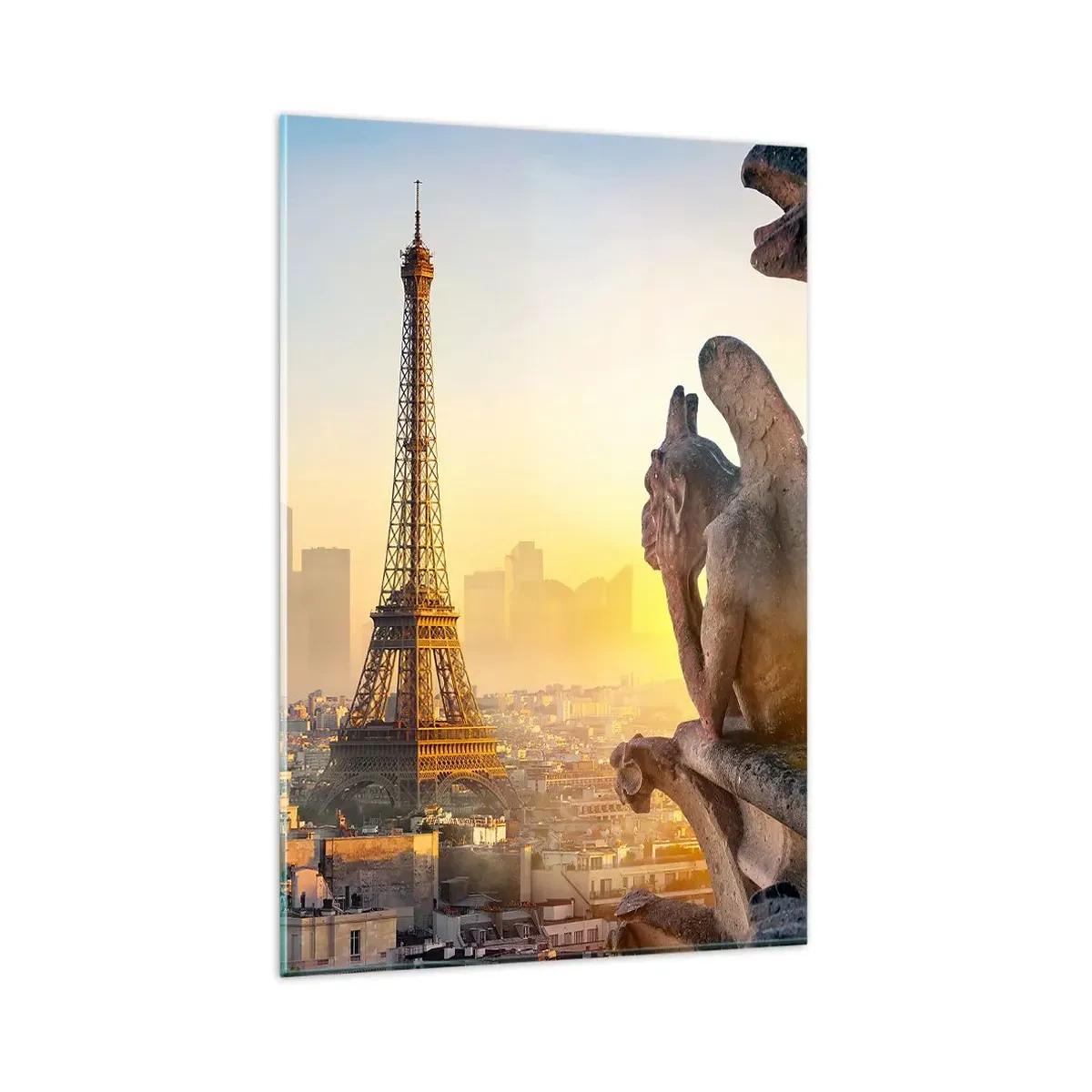 Impression sur verre - Image sur verre - Vue de la Tour Eiffel avec des gargouilles en arrière-plan - 80x120cm - Tellement de choses ont changés... - Décoration murale moderne pour le salon et la chambre ARTTOR