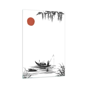 Impression sur verre - Image sur verre - Paysage oriental avec un pêcheur sur un bateau et un soleil rouge - 70x100cm - Après-midi asiatique - Décoration murale moderne pour le salon et la chambre ARTTOR