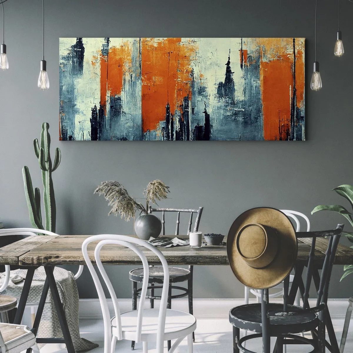 Impression sur toile - Image sur toile - Paysage urbain abstrait dans des tons orange et bleu - 120x50cm - Paysage moderne - Décoration murale moderne pour le salon et la chambre ARTTOR