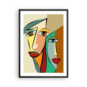 Affiche dans un cadre noir - Poster - Visages abstraits de style cubiste aux couleurs chaudes - 50x70cm - Couple cubiste - Décoration murale moderne pour le salon et la chambre ARTTOR