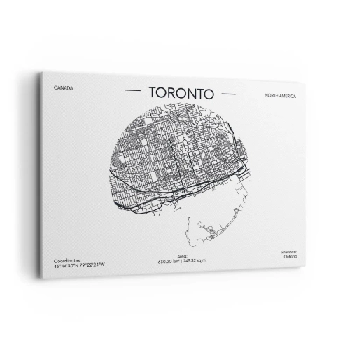 Impression sur toile - Image sur toile - Une carte de Toronto dans un style minimaliste en noir et blanc - 100x70cm - Anatomie de Toronto - Décoration murale moderne pour le salon et la chambre ARTTOR