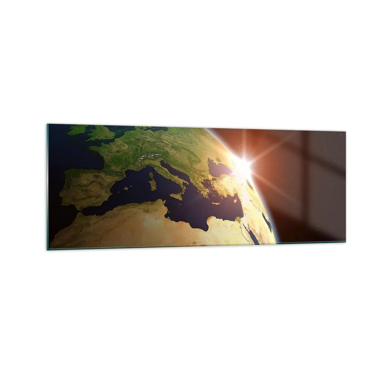 Impression sur verre - Image sur verre - Vue de la Terre depuis l'espace avec les rayons du soleil à l'horizon - 140x50cm - Lever de soleil - Décoration murale moderne pour le salon et la chambre ARTTOR