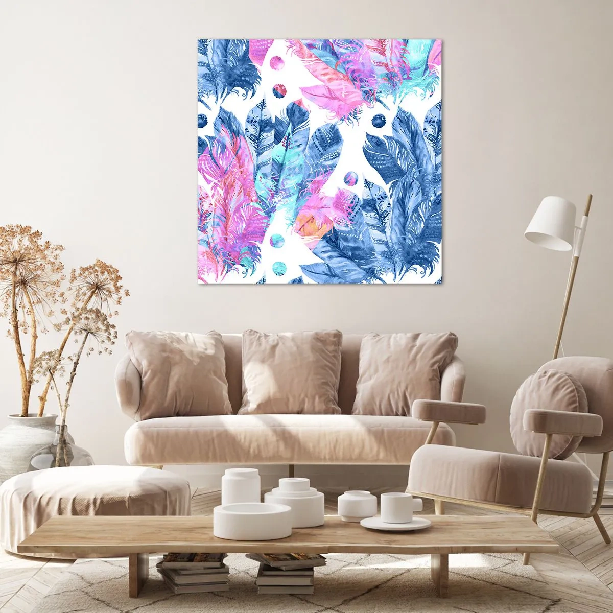 Impression sur toile - Image sur toile - Plumes en rose et bleu - 50x50 cm