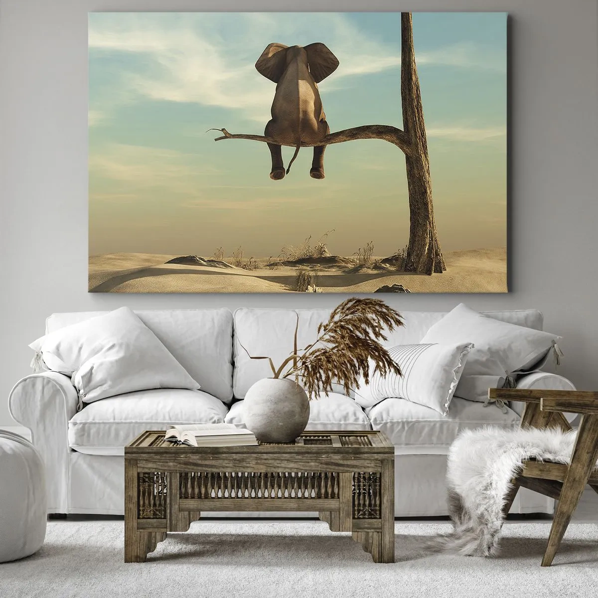 Impression sur toile - Image sur toile - Un éléphant assis sur une branche surplombant un paysage désertique - 120x80cm - Nouveau point de vue - Décoration murale moderne pour le salon et la chambre ARTTOR