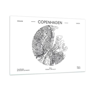 Impression sur verre - Image sur verre - Une carte de Copenhague sous la forme d'un croquis de rue graphique - 120x80cm - Anatomie de Copenhague - Décoration murale moderne pour le salon et la chambre ARTTOR