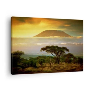 Impression sur toile - Image sur toile - Paysage africain avec le Kilimandjaro au lever du soleil - 70x50cm - Un rêve de voyageur - Décoration murale moderne pour le salon et la chambre ARTTOR