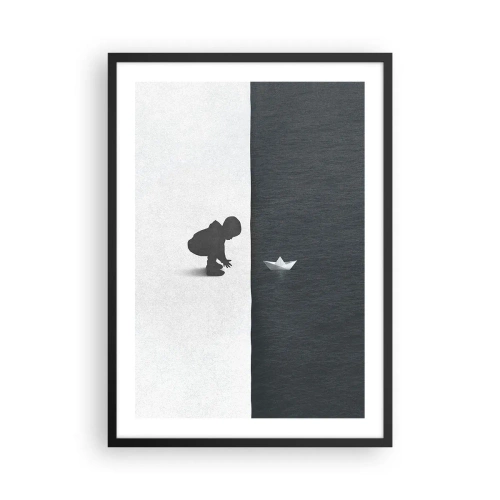 Affiche dans un cadre noir - Poster - Un enfant penché sur l'eau avec un bateau en papier - 50x70cm - Grande expédition - Décoration murale moderne pour le salon et la chambre ARTTOR