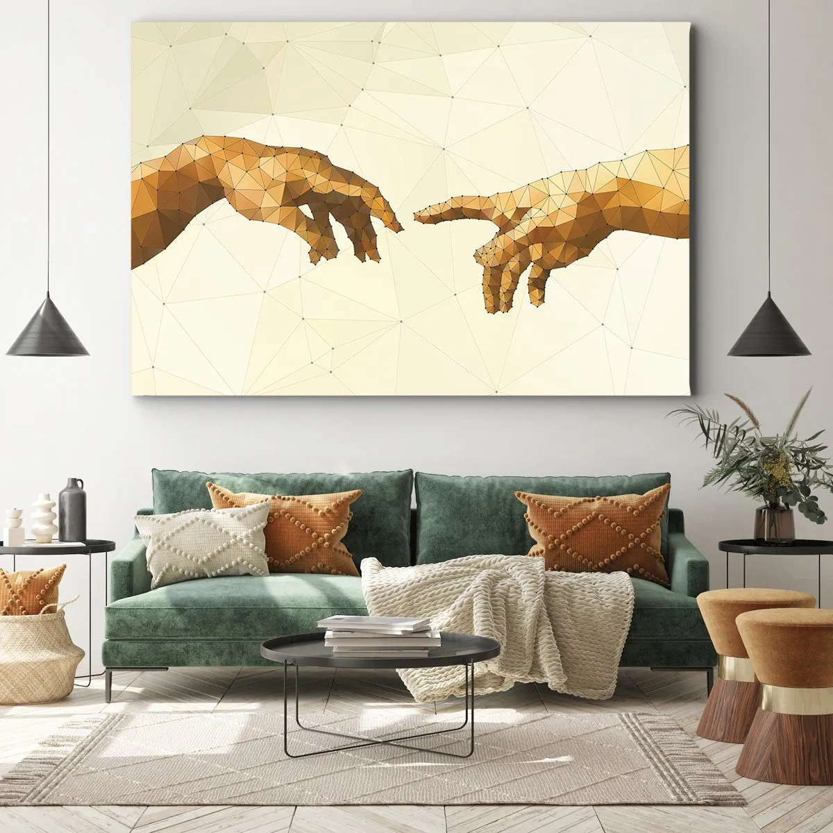 Impression sur toile - Image sur toile - Mains géométriques tendues l'une vers l'autre sur un fond clair - 100x70cm - Géométrie divine - Décoration murale moderne pour le salon et la chambre ARTTOR