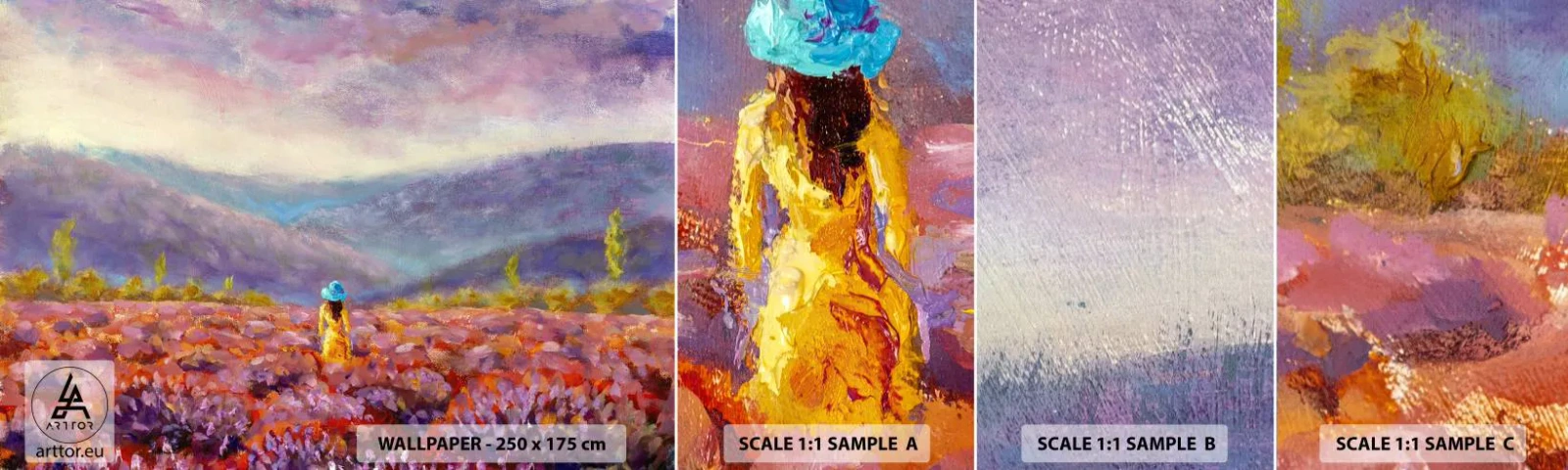 Échantillon de Papier Peint Autocollant Deluxe Sticker - Dans un monde lavande - Paysage, Femme, Champ de lavande - 100x30 cm