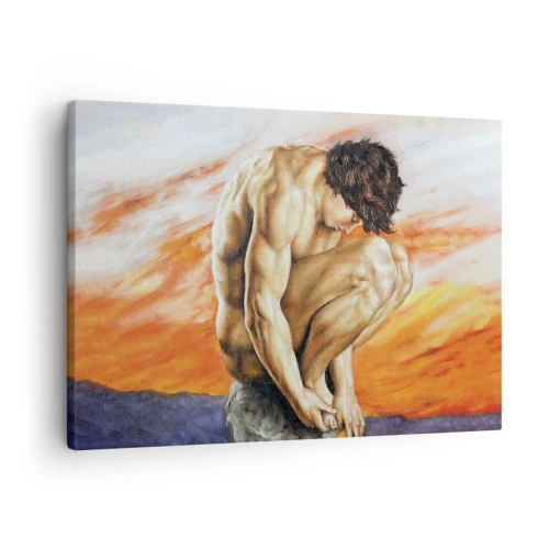 Impression sur toile - Image sur toile - Un homme perdu dans ses pensées sur fond de coucher de soleil - 70x50cm - Plongé dans ses pensées - Décoration murale moderne pour le salon et la chambre ARTTOR