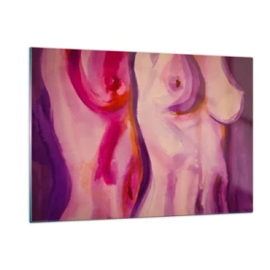 Impression sur verre - Image sur verre - Une interprétation artistique de silhouettes féminines dans des tons de rose et de violet. - 120x80cm - Ode à la féminité - Décoration murale moderne pour le salon et la chambre ARTTOR