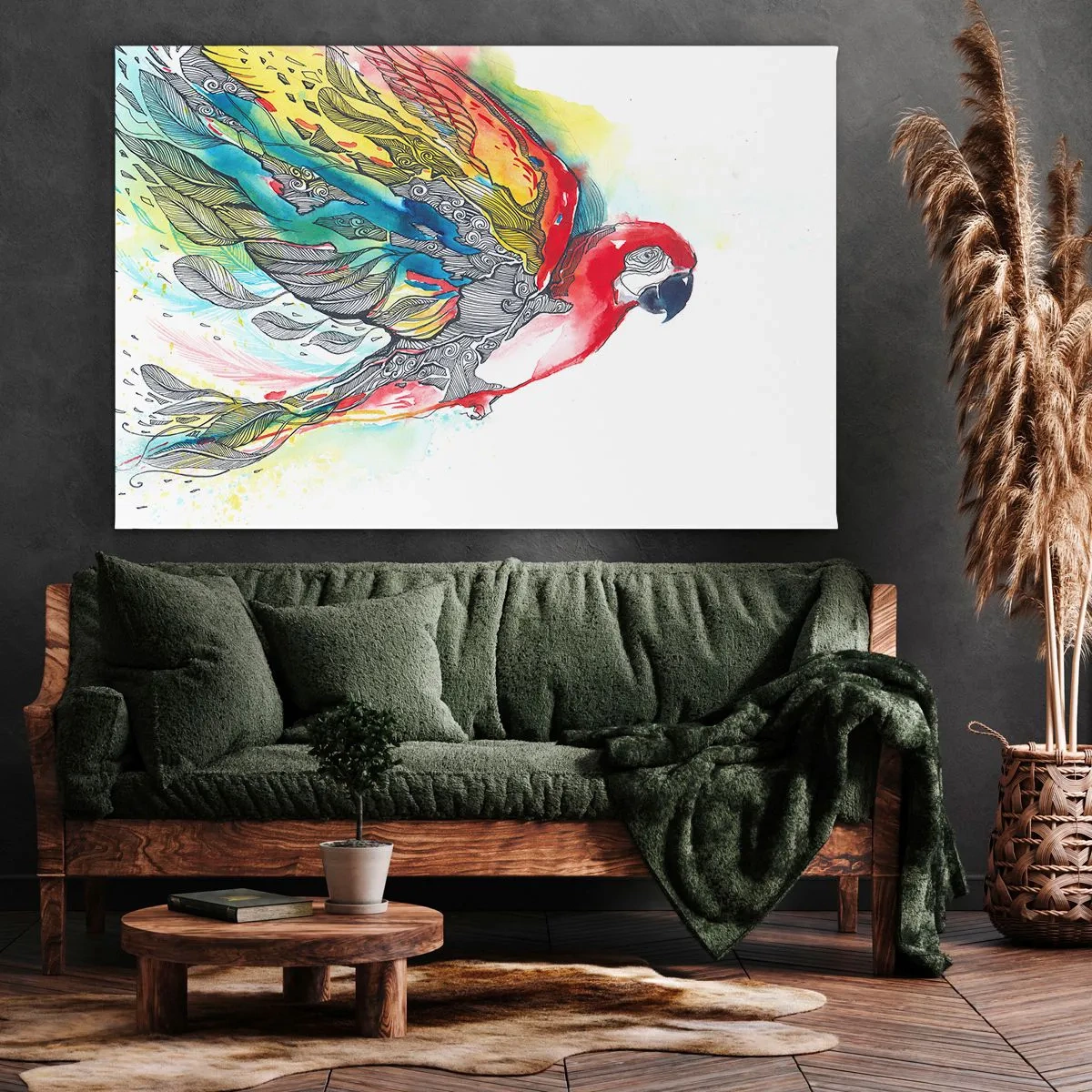 Impression sur toile - Image sur toile - Un perroquet coloré en vol avec des motifs abstraits sur ses ailes. - 100x70cm - Vivez haut en couleurs - Décoration murale moderne pour le salon et la chambre ARTTOR