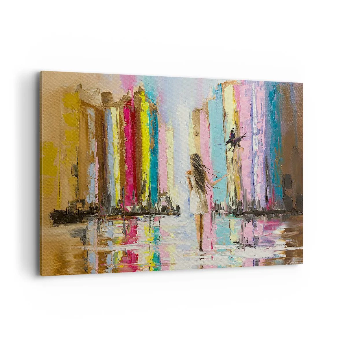 Impression sur toile - Image sur toile - Une ville colorée et une femme en robe blanche avec un oiseau - 120x80cm - Viens avec moi - Décoration murale moderne pour le salon et la chambre ARTTOR