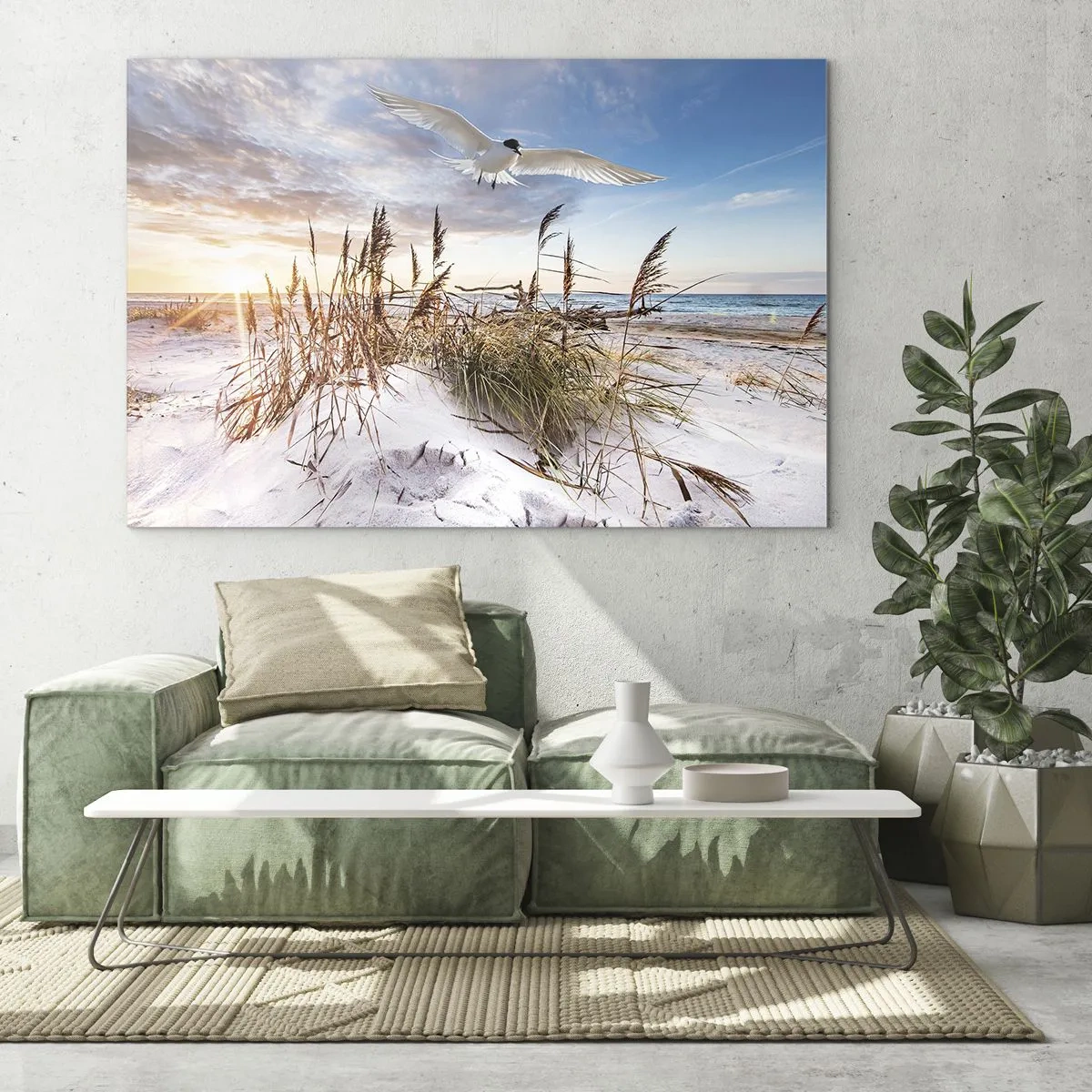 Impression sur verre - Image sur verre - Un oiseau survolant les dunes au coucher du soleil - 70x50cm - Vent de mer - Décoration murale moderne pour le salon et la chambre ARTTOR