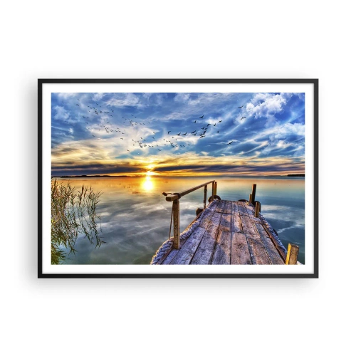 Affiche dans un cadre noir - Poster - Jetée en bois sur le lac au coucher du soleil - 100x70cm - Le vent se repose - Décoration murale moderne pour le salon et la chambre ARTTOR