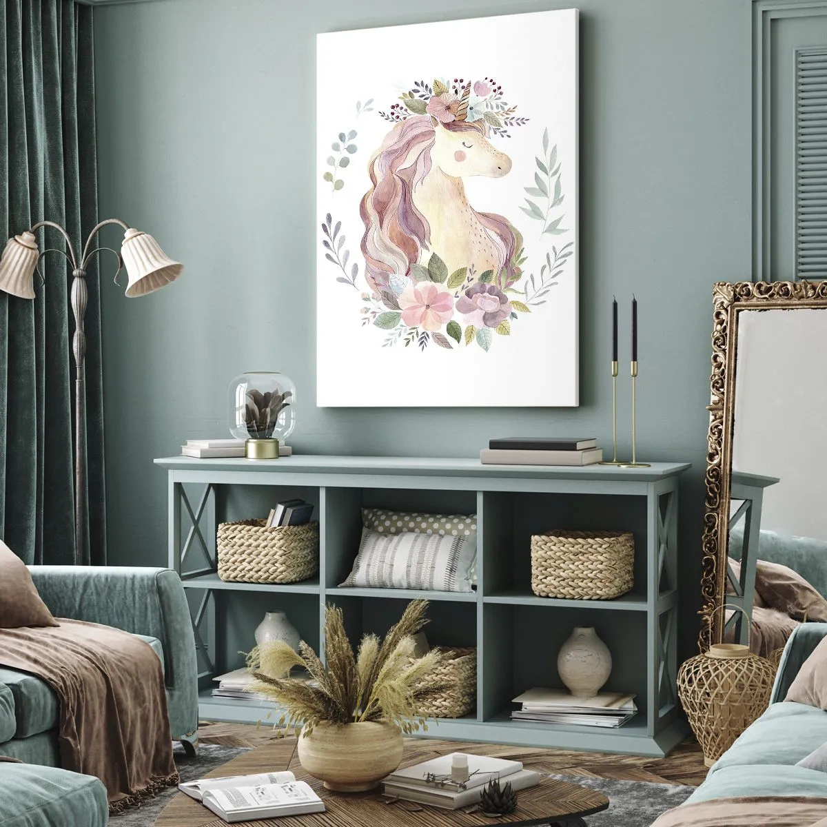 Impression sur toile - Image sur toile - Une licorne aux couleurs pastel entourée de fleurs - 50x70cm - Invitation au monde des contes de fées - Décoration murale moderne pour le salon et la chambre ARTTOR