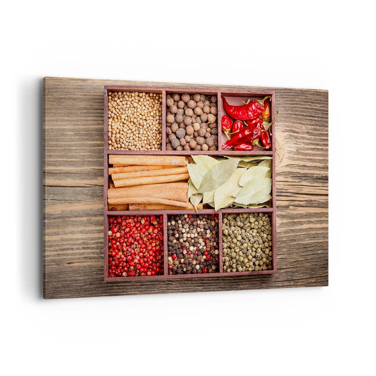 Impression sur toile - Image sur toile - Boîte en bois avec diverses épices dans des compartiments - 120x80cm - Ordre des formes, bouquet d'arômes - Décoration murale moderne pour le salon et la chambre ARTTOR