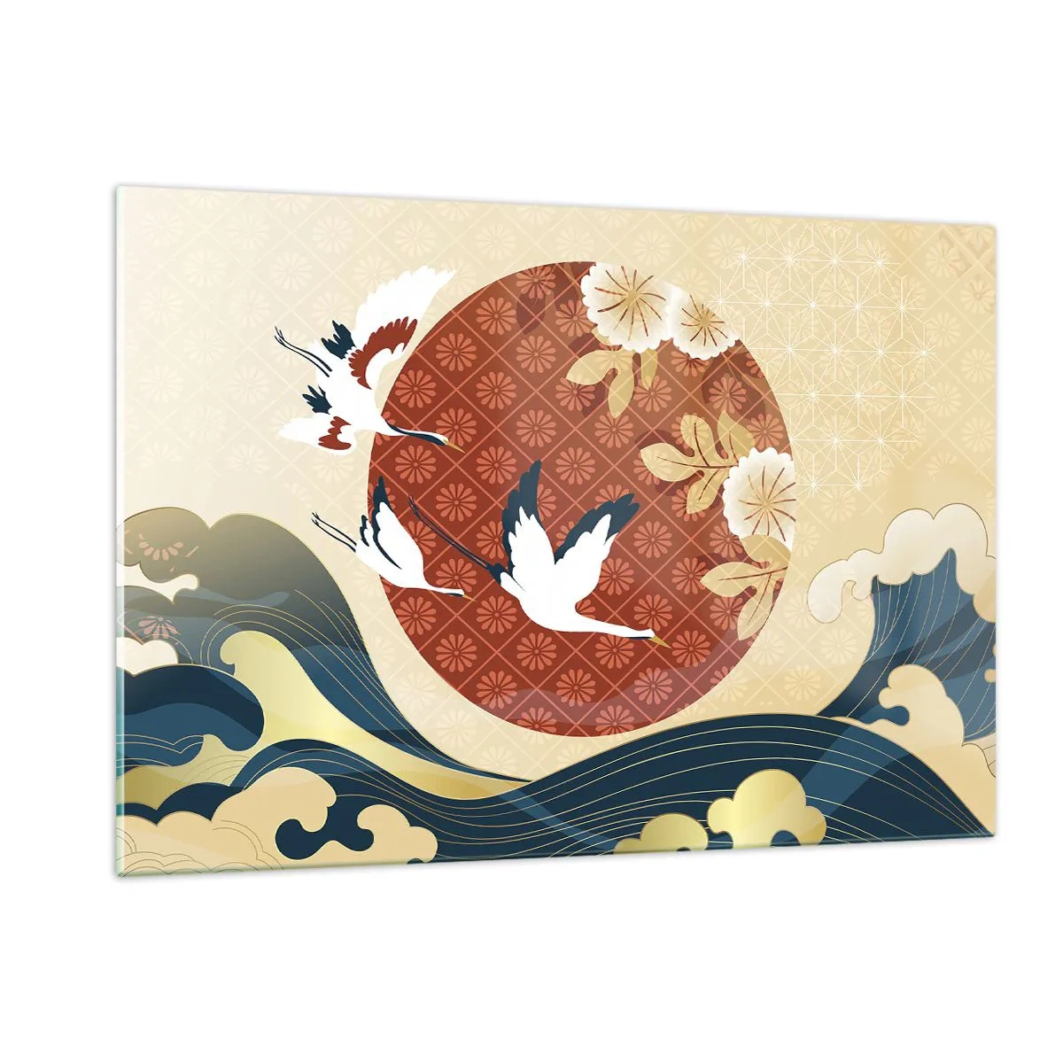 Impression sur verre - Image sur verre - Grues japonaises au-dessus des vagues sur un cercle rouge - 120x80cm - Conte japonnais - Décoration murale moderne pour le salon et la chambre ARTTOR