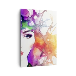 Impression sur toile - Image sur toile - Portrait d'une femme aux couleurs aquarelles avec des taches abstraites - 70x100cm - Avec la tête dans les nuages - Décoration murale moderne pour le salon et la chambre ARTTOR