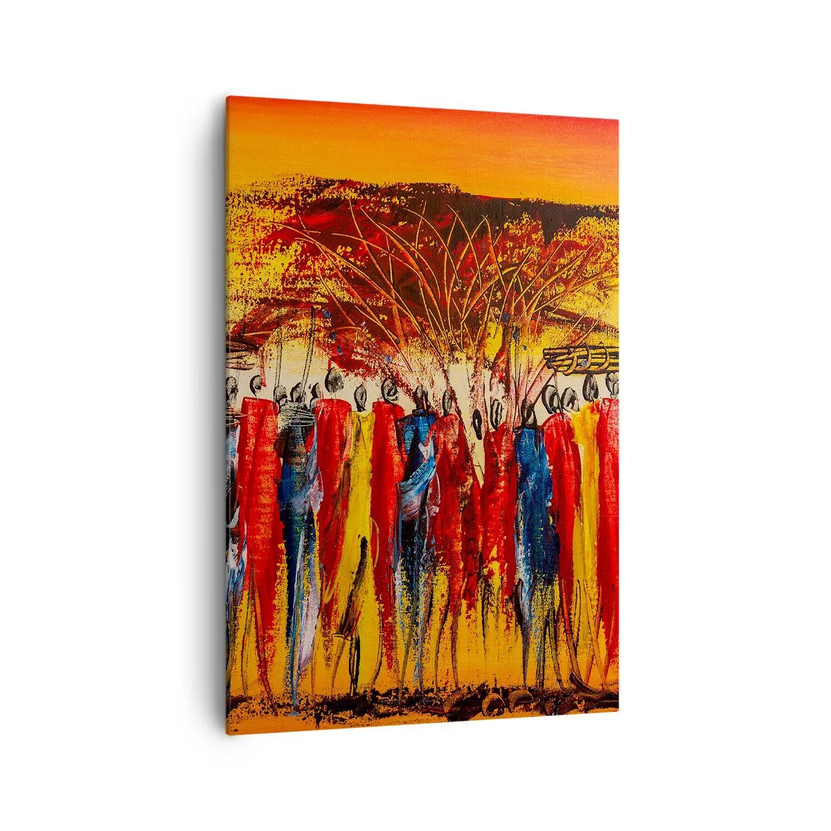 Impression sur toile - Image sur toile - Une scène colorée avec des personnages africains sur fond de soleil couchant. - 70x100cm - Là-bas, là-bas, ils vont là-bas - Décoration murale moderne pour le salon et la chambre ARTTOR