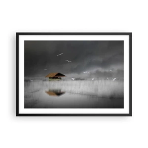 Affiche dans un cadre noir - Poster - Un chalet solitaire sur l'eau entouré de brouillard et d'oiseaux - 70x50cm - A l'abri de la pluie - Décoration murale moderne pour le salon et la chambre ARTTOR