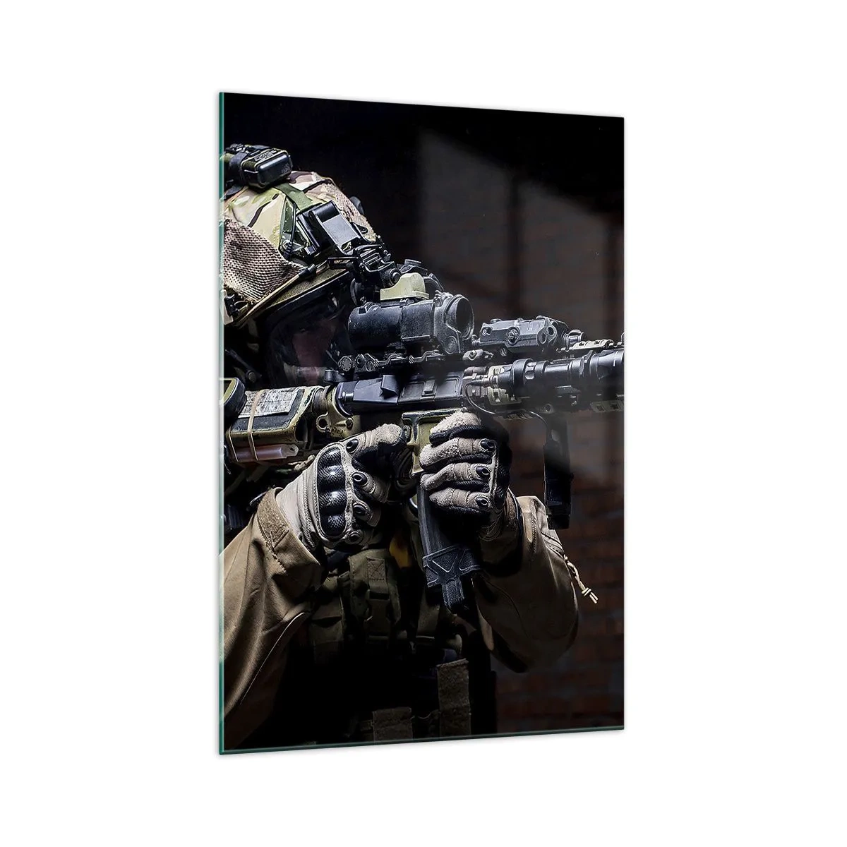 Impression sur verre - Image sur verre - Un soldat en équipement complet avec un fusil - 70x100cm - Meurtrier efficace - Décoration murale moderne pour le salon et la chambre ARTTOR