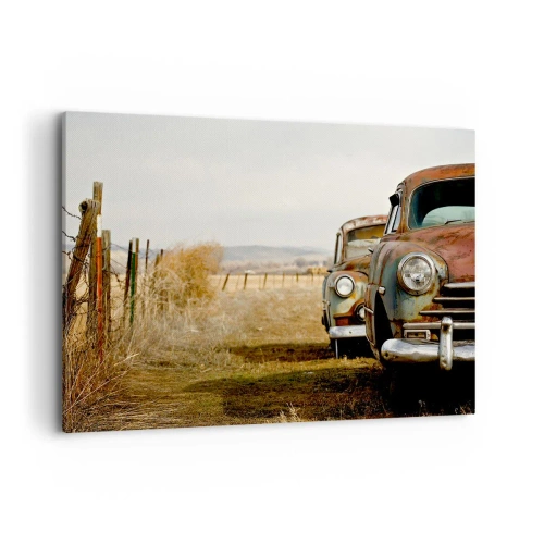 Impression sur toile - Image sur toile - Deux vieilles voitures sur un chemin de terre à côté d'une clôture en bois - 100x70cm - Repos bien mérité - Décoration murale moderne pour le salon et la chambre ARTTOR