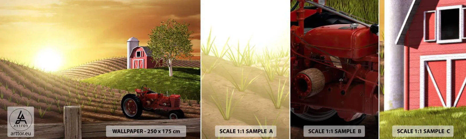 Échantillon De Papier Peint Standard Eco - Une ferme comme dans un conte de fées - Ferme, Paysage, Tracteur - 100x30 cm