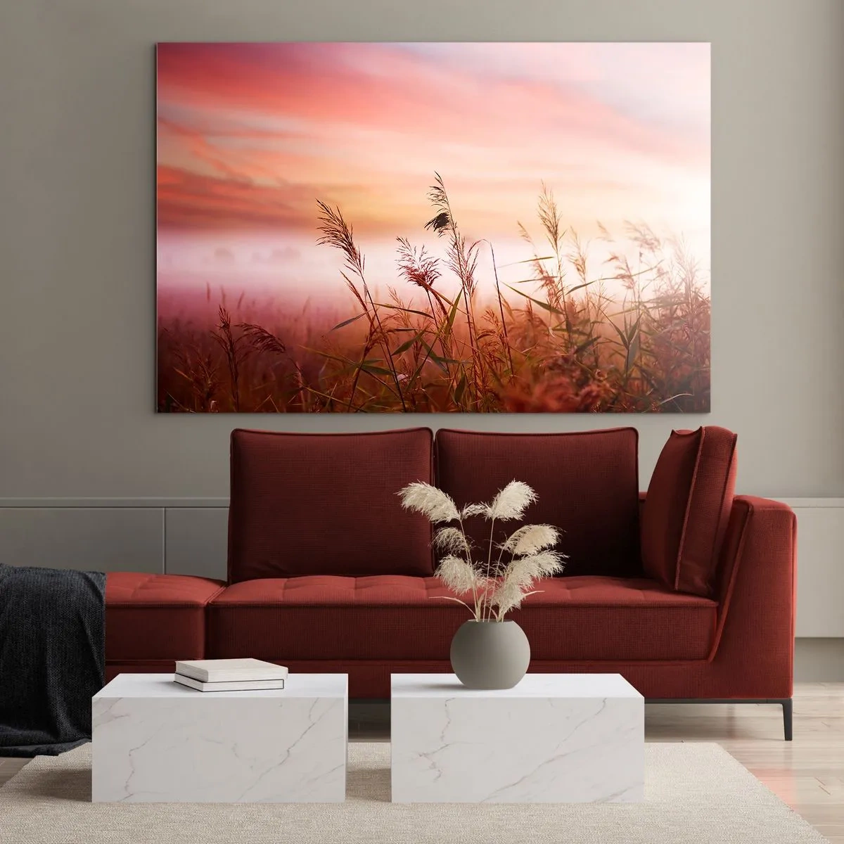 Impression sur verre - Image sur verre - Une prairie dans le brouillard du matin avec un ciel pastel - 120x80cm - Cerfs-volants, pissenlits, vent - Décoration murale moderne pour le salon et la chambre ARTTOR