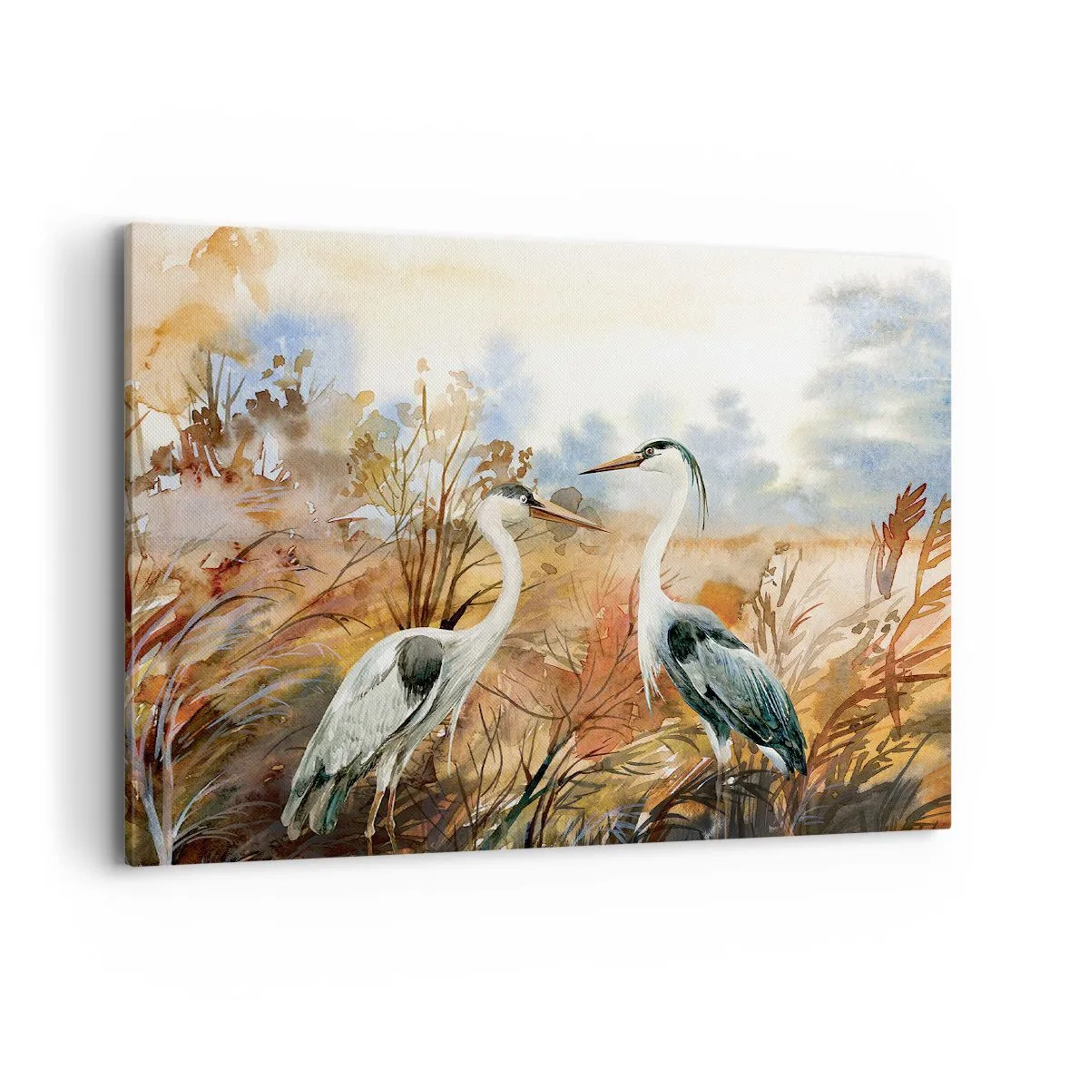Impression sur toile - Image sur toile - Deux hérons sur fond de paysage d'automne - 100x70cm - Jusqu'où en automne ? - Décoration murale moderne pour le salon et la chambre ARTTOR